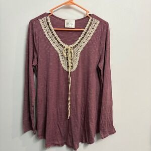 Ella Mara Womens Mauve Striped Long Sleeve Top Crochet Lace Grommet V-Neck M